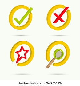 Isometric icons. Collection of four icons. Confirmation. Cancellation. Star. Search. Vector illustration