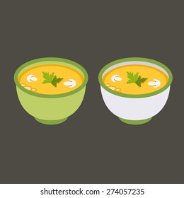 Isometric icons of a cup of mushroom soup