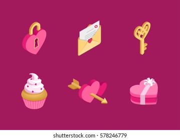 Isometric icons dedicated to St. Valentine`s Day. Heart-shaped lock and key, love letter, cupcake with hearts, hearts needled with arrow and heart-shaped gift box