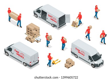 Isometric icons of delivery cars and deliveryman with cardboard boxes. Express, Free or Fast Delivery elements.