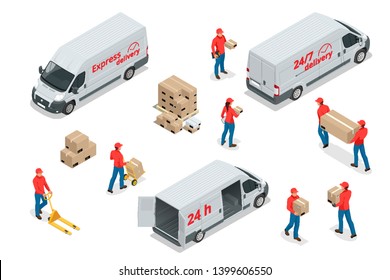 Isometric icons of delivery cars and deliveryman with cardboard boxes. Express, Free or Fast Delivery elements.