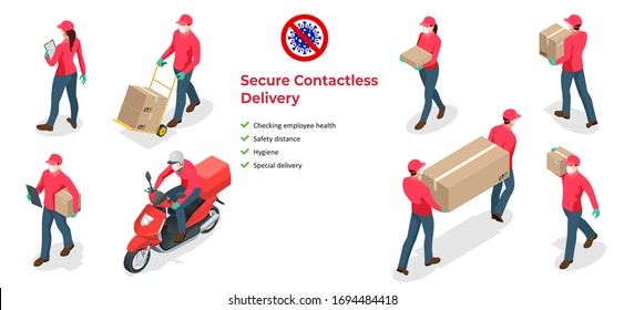 Isometric icons of delivery man and woman or courier in a medical mask and gloves delivering food to customer at home. Online purchases during a quarantine. Contactless or to the door delivery.