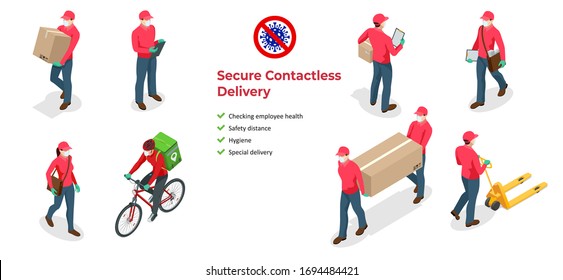 Isometric icons of delivery man and woman or courier in a medical mask and gloves delivering food to customer at home. Online purchases during a quarantine. Contactless or to the door delivery.