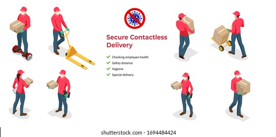 Isometric icons of delivery man and woman or courier in a medical mask and gloves delivering food to customer at home. Online purchases during a quarantine. Contactless or to the door delivery.