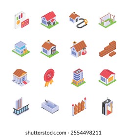 Isometric icons depicting various aspects of real estate and home improvement