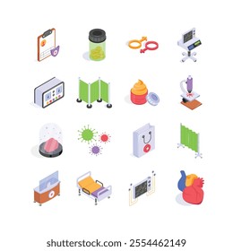 Isometric icons depicts various elements of healthcare, from laboratory analysis and medical equipment to patient care and pharmaceutical supplies