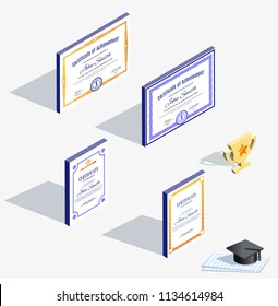 Isometric icons. Different official bright certificates and graduation cap with shadow