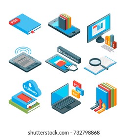 Isometric icons of electronic books and other gadgets for reading. Vector electronic book tablet, ebook and e-reader illustration