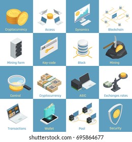 Isometric icons with equipment for cryptocurrency mining, blockchain and security, exchange rates, key code isolated vector illustration 