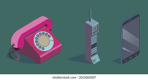 Isometric icons of evolution of phones. Vector illustration. On a colored background