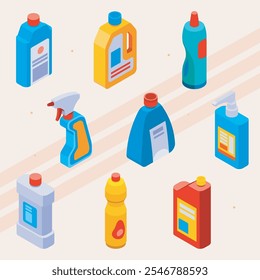 Isometric icons featuring different types of detergents and cleaning supplies.