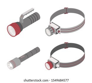 Isometric icons of flashlights, torches, headlamps, headlights. Tourist or camping equipment. Isolated on white background.