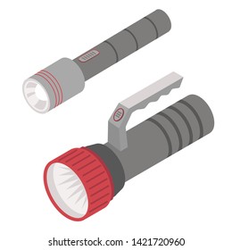 Isometric  Icons Of Flashlights Or Torches, Portable Hand-held Electric Lights, Isolated On White Background.