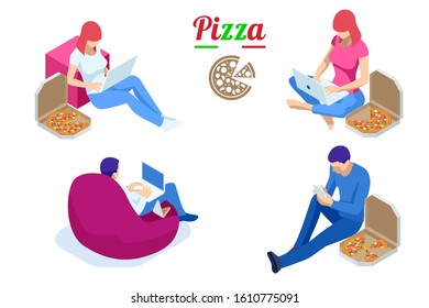 Isometric icons of freelances working and eating pizza, office work and remote work.