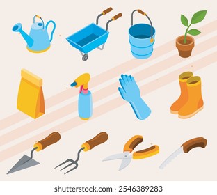 Isometric icons of gardening tools and plants.