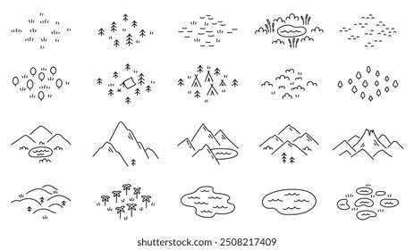 Isometrische Ikonen von geografischen Landschaften mit Konturlinien. Vektorbearbeitbarer Konturstrich.