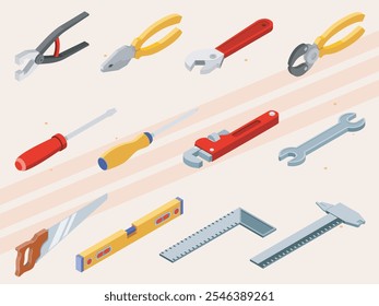 Isometric icons of hand tools used in various trades.