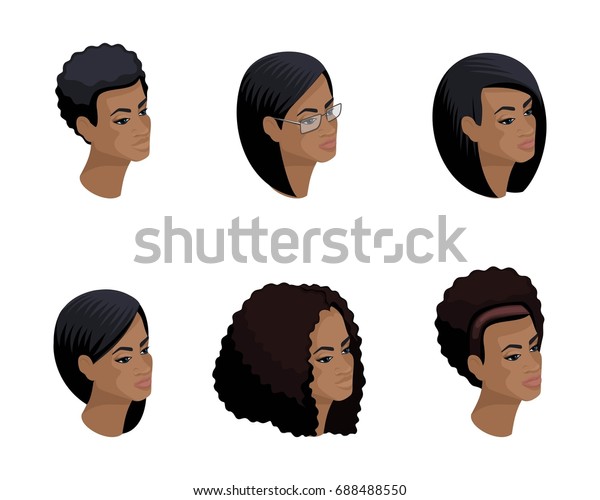 アフリカ系アメリカ人の髪型 3dの顔 目 唇 女性の感情のアイコン ベクターイラストの人の定性的なイソメトリ のベクター画像素材 ロイヤリティフリー
