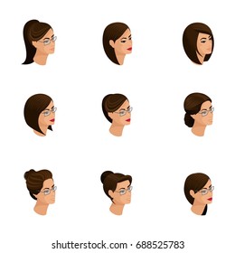 Isometric icons of head hairstyles, 3D faces, eyes, lips, female emotions. Qualitati isometry of people for vector illustrations