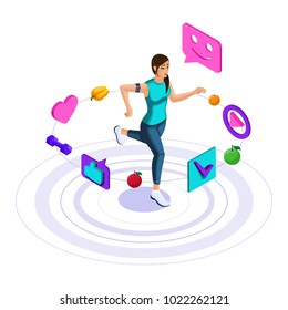 Isometric icons of a healthy lifestyle, the girl is engaged in fitness, jogging, jumping. Bright cheerful Advertising concept.