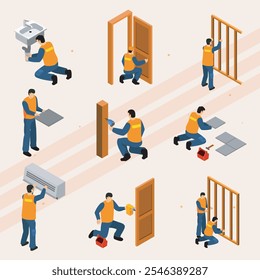 Ícones isométricos de trabalhadores e ferramentas de reparo doméstico.