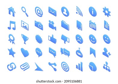 Isometric icons house, magnifier, mail envelope and wifi, cogwheel, exclamation mark, music notes and picture with photo or video camera. Document folder, paper file, star isolated 3d vector signs set