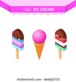 Isometric icons - ice cream. Colored ice cream on a stick and in a waffle horn for web, mobile app, logo, infographics