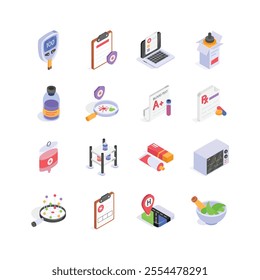 Isometric icons illustrate various aspects of healthcare, featuring elements like medical devices