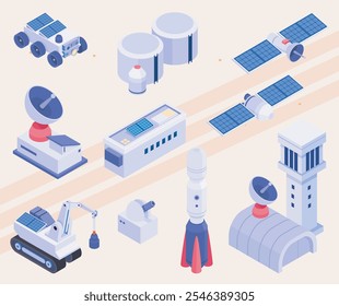 Isometric icons illustrating space exploration and technology.