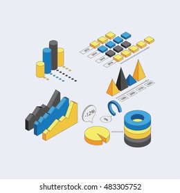 Isometric icons infographic design elements graphics and statistical charts and graphs of data Meto. Vector illustration