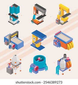 Ícones isométricos de máquinas e equipamentos de fresagem.