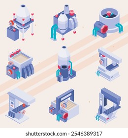 Ícones isométricos de fresadoras utilizadas em processos industriais.