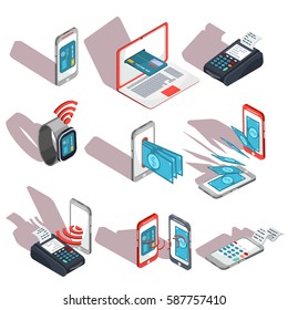 Isometric icons of mobile phones, laptop, wristwatches showing the ease and convenience of online payments