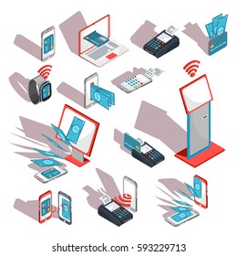 Ícones isométricos de telefones celulares, laptop, relógios de pulso mostrando a facilidade e conveniência dos pagamentos on-line