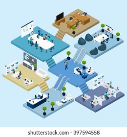 Isometric icons of multistoried office center with abstract scheme of floors rooms and activities vector illustration