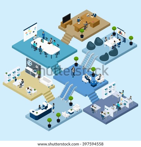 Isometric icons of multistoried office center with abstract scheme of floors rooms and activities vector illustration