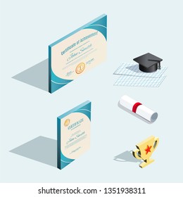 Isometric icons. Official certificates with turquoise design elements and graduation cap with shadow, scroll with red ribbon. Horizontal and vertical blanks