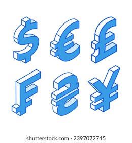 Isometric icons in outline. Modern flat vector Illustration. Dollar, Euro, Great Britain pound, Frank,Ukrainian Hryvnia, Japanese Yen currencies symbol. Social media marketing icons.