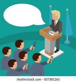 Isometric icons of  Presidential candidate speaks to people from tribune. Flat tribune Icon web. President debates. Vector illustration