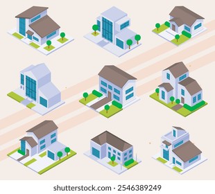 Isometric icons of private houses and residential buildings.