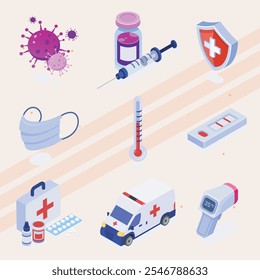 Isometric icons related to the coronavirus pandemic.
