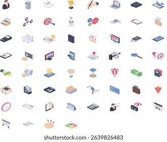 Isometric icons representing business, finance, and office-related concepts.