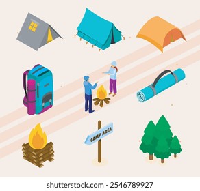 Isometric icons representing camping gear and outdoor equipment.