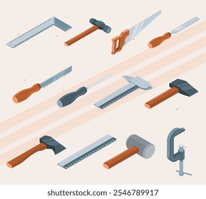 Isometric icons representing carpentry tools and woodworking activities.