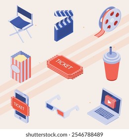 Isometric icons representing cinema and movie-related activities.