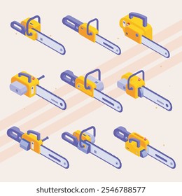 Isometric icons representing electric chainsaws and power tools.