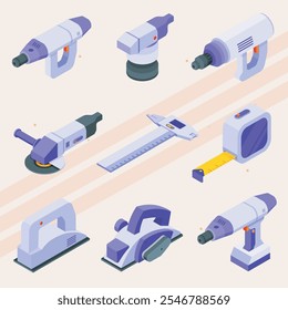 Iconos isométricos que representan varias herramientas y equipos eléctricos.