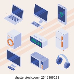 Ícones isométricos representando vários eletrodomésticos.