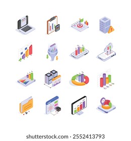 Isometric icons represents data analysis, cloud computing, and digital marketing