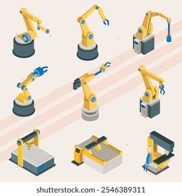 Isometric icons of robotic machinery and industrial robots.